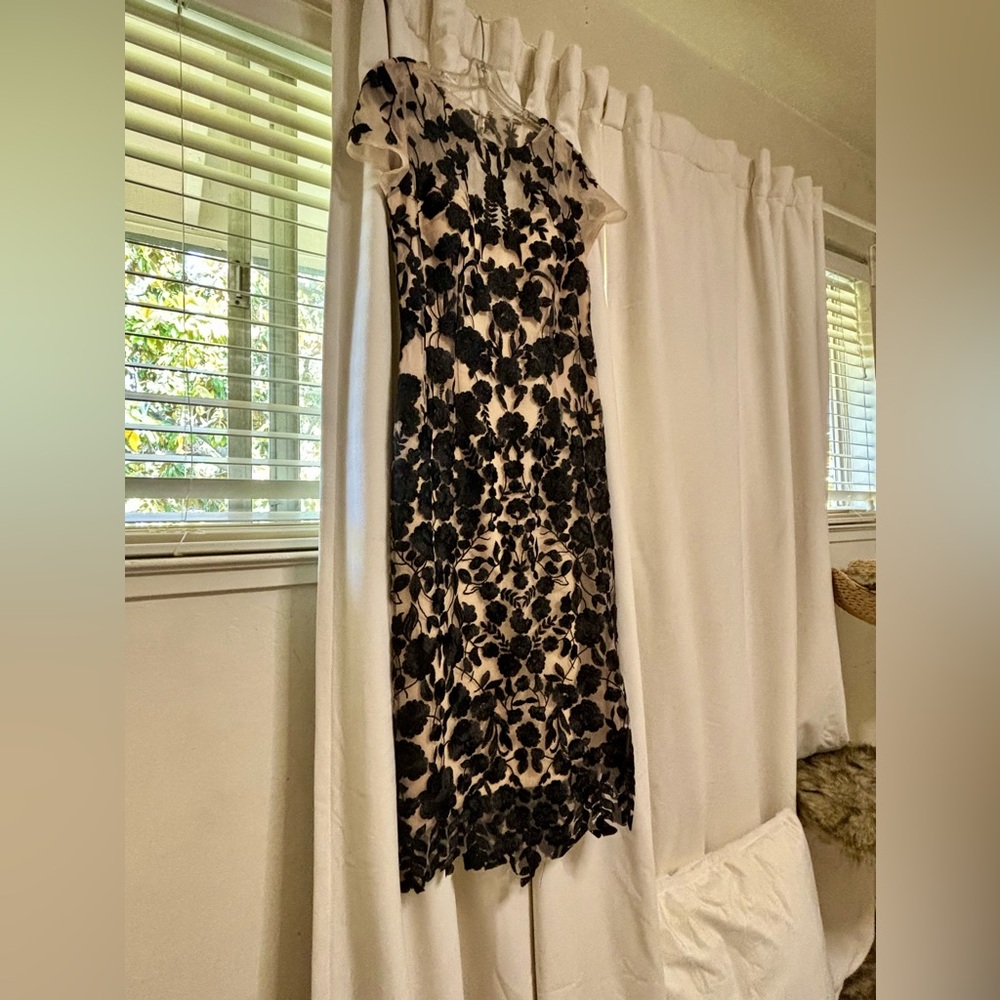 JS Collections Strapless Black and Cream Sheath Midi Dress